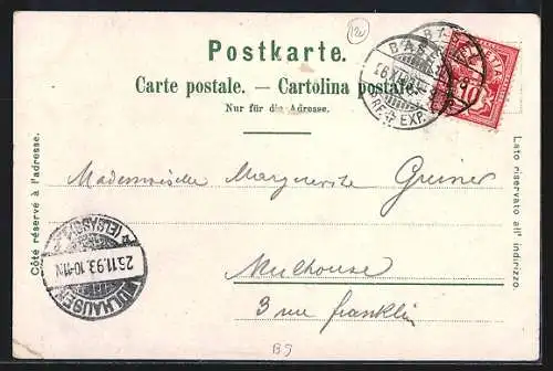 Lithographie Basel, Ortspartie, Strassburger Denkmal, Rathaus