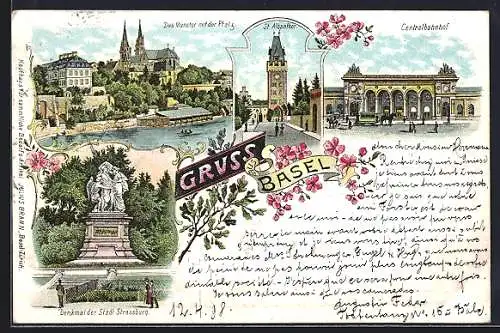Lithographie Basel, Centralbahnhof, Münster mit der Pfalz, St. Albahnthor
