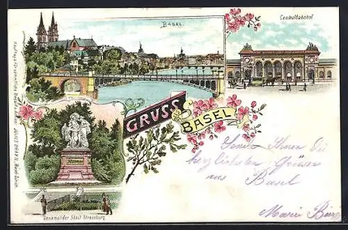 Lithographie Basel, Centralbahnhof, Denkmal der Stadt Strasseburg, Wasserpartie