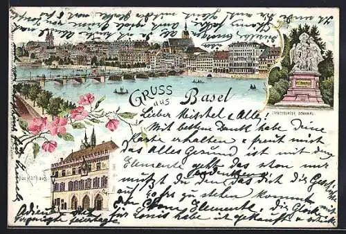 Lithographie Basel, Teilansicht mit Brücke, Rathaus, Strassburger Denkmal