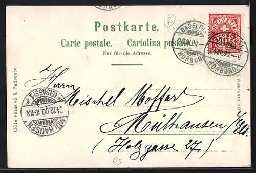 Lithographie Basel, Teilansicht mit Brücke, Rathaus, Strassburger Denkmal