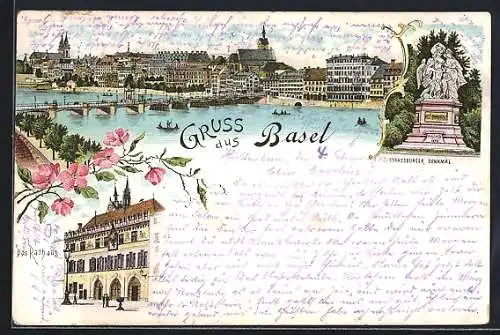 Lithographie Basel, Teilansicht mit Brücke, Rathaus, Strassburger Denkmal