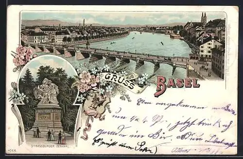 Lithographie Basel, Strassburger Denkmal, Stadt-Panorama mit Brücke