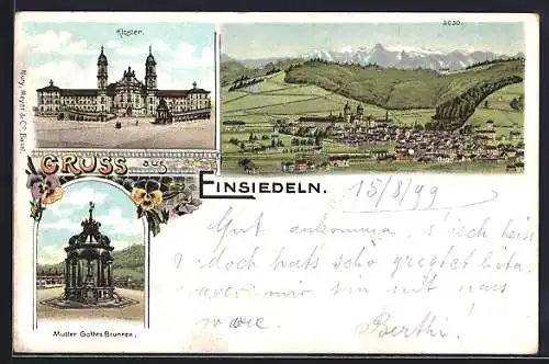 AK Einsiedeln, Mutter Gottes Brunnen, Ortsansicht und Kloster