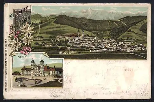 Lithographie Einsiedeln, Totalansicht mit Kloster Einsiedeln