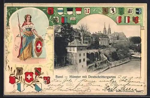 Lithographie Basel, Münster mit Deutschrittergarten, Helvetia mit Schild und Lanze, Kantonswappen