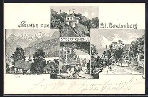 Lithographie St. Beatenberg, St. Beatushöhle, Kapelle, Tunnel