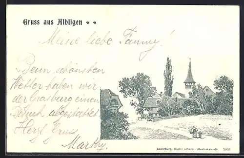 Lithographie Albligen, Ortspartie und Frau mit Kind