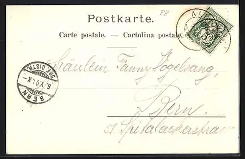 Lithographie Albligen, Ortspartie und Frau mit Kind