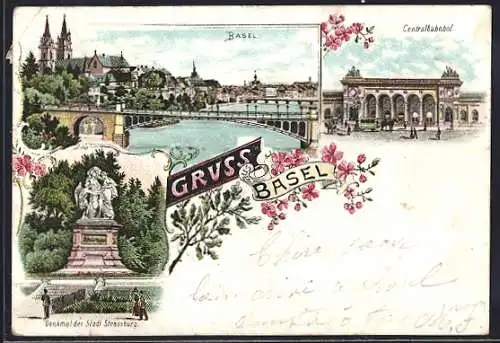 Lithographie Basel, Centralbahnhof, Denkmal der Stadt Strassburg, Brücke