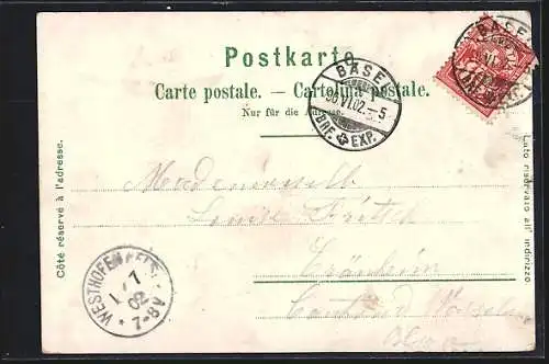 Lithographie Basel, Centralbahnhof, Denkmal der Stadt Strassburg, Brücke