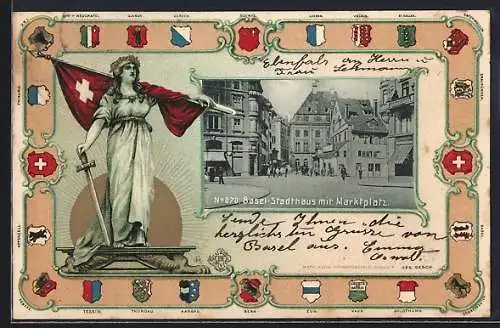 Lithographie Basel, Stadthaus mit Marktplatz, Helvetia mit Fahne und Schwert, Wappen von Glarus, Zürich und Zug