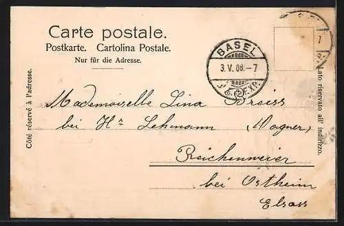 Lithographie Basel, Stadthaus mit Marktplatz, Helvetia mit Fahne und Schwert, Wappen von Glarus, Zürich und Zug