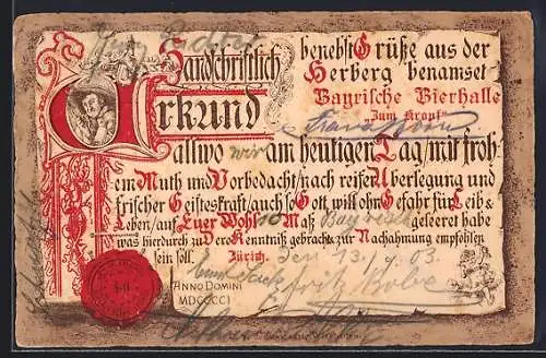 Lithographie Zürich, Gasthaus Bayrische Bierhalle Zum Kropf, Urkunde mit Siegel