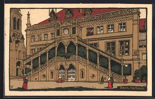 Künstler-AK Bern, Rathaus mit Strassenpartie