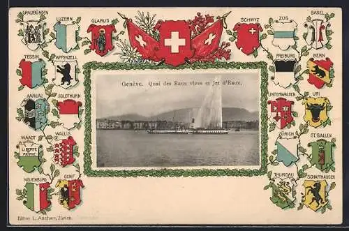 Lithographie Genève, Quai des Eaux vives et Jet d`Eaux, Wappen von Luzern, Glarus und Tessin