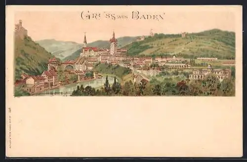Lithographie Baden, Teilansicht mit Kirche