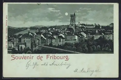 Mondschein-Lithographie Fribourg, Teilansicht mit Kirche