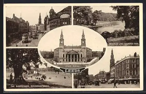 AK Leeds, Civic Hall, Waterloo Lake Roundhay Park, Duncan Street, Strassenbahn