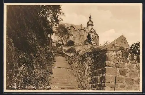 AK Marburg a. d. Lahn, Schlosstreppe mit Blick hoch zum Schloss