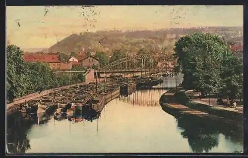 AK Saarbrücken, Flusspartie mit Brücke und Booten