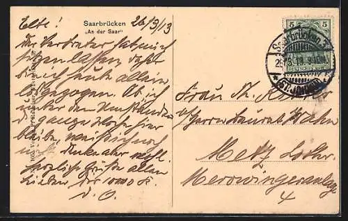 AK Saarbrücken, Flusspartie mit Brücke und Booten