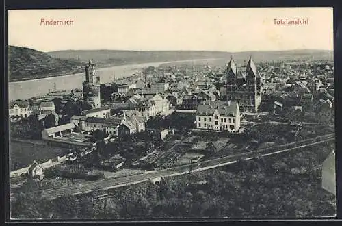 AK Andernach, Ortsansicht mit Fluss und Bergen