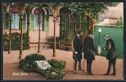 Künstler-AK Bad Ems, Drei Männer in Anzügen unterhalten sich