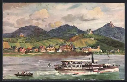 AK Königswinter, Dampfer auf dem Rhein, Ortsansicht mit Siebengebirge