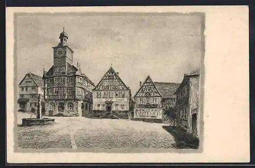 Künstler-AK Heppenheim a. d. Bergstrasse, Marktplatz mit Rathaus