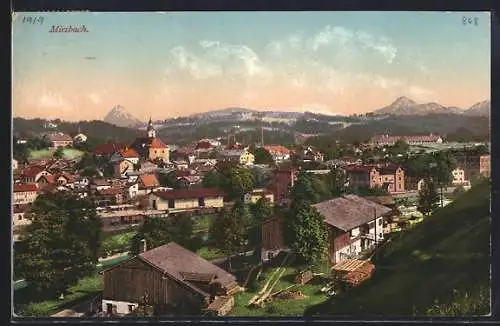 AK Miesbach, Ortsansicht mit Kirche und Bergen