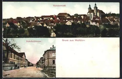 AK Walldürn, Totalansicht und Bahnhofstrasse mit Leuten