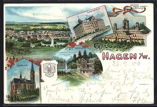 Künstler-AK Hagen i /W., Gasthaus Waldlust, Gewerbeschule, Neue katholische Kirche