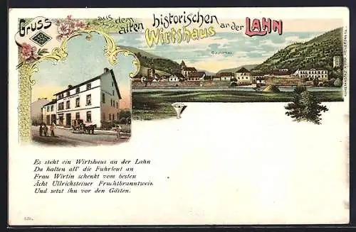 Lithographie Dausenau /Lahn, Gasthaus zum Lahntal, Teilansicht