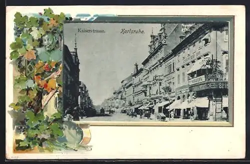 Passepartout-Lithographie Karlsruhe, Strassenpartie mit Hotel Rheinischer Hof, Denkmal