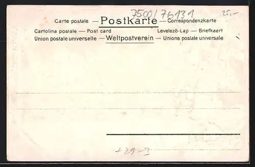 Passepartout-Lithographie Karlsruhe, Strassenpartie mit Hotel Rheinischer Hof, Denkmal