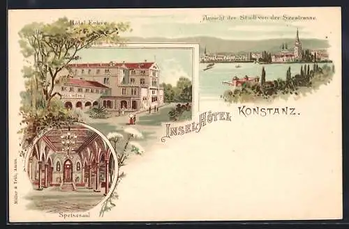 Lithographie Konstanz, Insel-Hotel, Eingangsbereich und Speisesaal, Ortsansicht vom Wasser aus gesehen