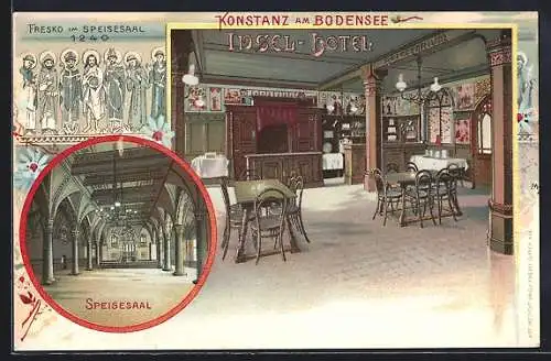 Lithographie Konstanz, Insel Hotel, Fresko im Speisesaal, Speisesaal