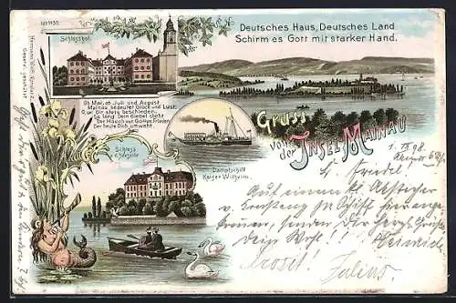 Lithographie Insel Mainau, Schloss mit Schlosshof, Dampfer Kaiser Wilhelm