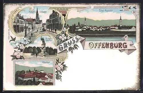 Lithographie Offenburg, Totalansicht, Hauptstrasse, Kriegerdenkmal, Kloster