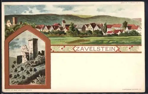 Lithographie Zavelstein, Teilansicht, Burgruine