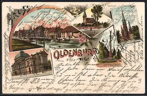 Lithographie Oldenburg i. Gr., Am Stau, Theater, Siegessäule