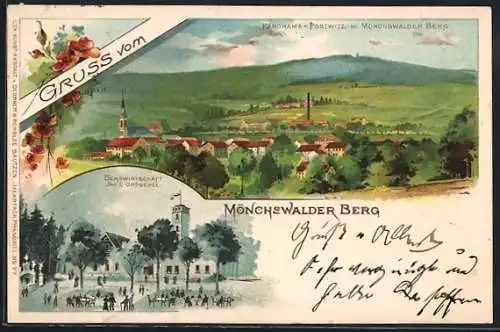 Lithographie Wilthen, Bergwirtschaft, Inh. E. Gröschel, Panorama v. Postwitz m. Mönchswalder Berg