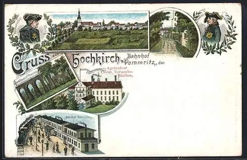 Lithographie Hochkirch, Bahnhof Pommritz, Agricultur Chem. Versuchsstation und Ortsansicht