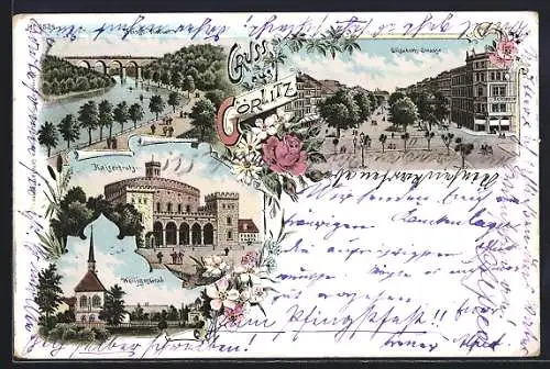 Lithographie Görlitz, Heiliges Grab, Kaisertrutz, Neisse-Viaduct und Elisabeth-Strasse