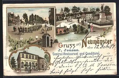 Lithographie Neumünster, Bahnhofs-Hotel, Mühlenteich
