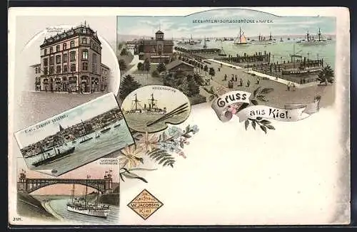 Lithographie Kiel, Kaufhaus W. Jacobsen, Levensauer Hochbrücke, Kriegsschiffe