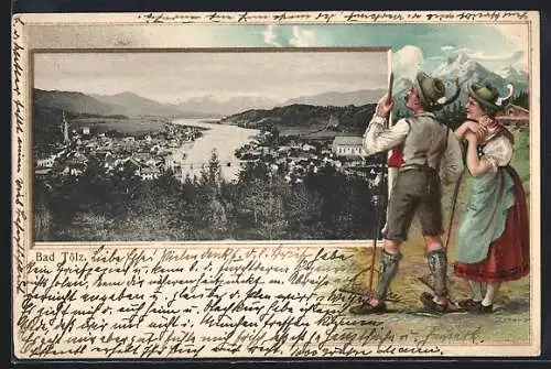 Passepartout-Lithographie Bad Tölz, Blick auf den Ort mit Fluss, Mann und Frau in Tracht