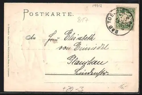 Passepartout-Lithographie Bad Tölz, Blick auf den Ort mit Fluss, Mann und Frau in Tracht