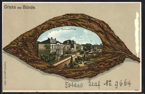 Passepartout-Lithographie Bünde, Gartenstrasse im Passepartout mit Eichenblatt